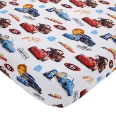 Disney Cars Radiator Springs White, Blue, and Red 2 Piece Toddler Sheet Set - Fitted Bottom Sheet and Reversible Pillowcase
