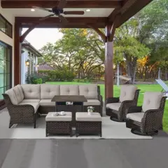 POCASSY 7-Piece Outdoor Furniture Set with Propane Fire Pit Table, Outdoor Living Set with All-Weather Brown Wicker Sectional Sofa and Swivel Chair