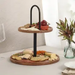 Gibson Home Gracious Dining 2-Tier Round Acacia Wood Serving Tray