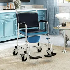HOMCOM Rolling Shower Wheelchair for Seniors, Bedside Commode Chair with Padded Seat, Backrest, for Handicap, Toilet Chair, 300 lbs