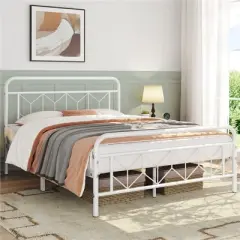 Yaheetech Queen Size Vintage Metal Bed Frame with Headboard, White