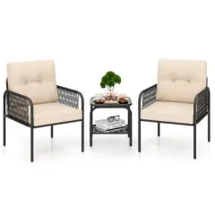 Costway 3 PCS Patio Bistro Set with Tempered Glass Table Chairs Back and Seat Cushions