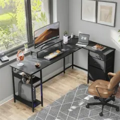 GALAXHERO 66 Inch L-Shaped Gaming Desk, Corner Computer Desk with Storage Drawers, Power Outlets & LED Lights, Office/Gaming Desk for Bedroom