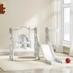 Qaba 4 in 1 Toddler Slide and Swing Set with Climber, Basketball Hoop, Rabbit Themed Indoor Outdoor Kids Playset for Ages 1.5-4