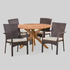Stamford 5pc Acacia Wood & Wicker Patio Dining Set - Brown - Christopher Knight Home