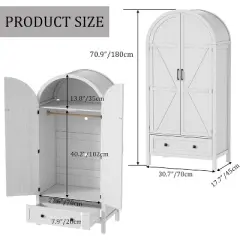 PAKASEPT 70.9&lsquo;&rsquo; Arched Wooden Armoire Wardrobe Closet with Drawers and Fluted Doors, with Light & Shelves and Hanging Rod, White