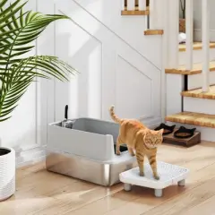 PawHut Extra Large Stainless Steel Cat Litter Box High Sided, Anti-Urine Leakage, Easy Cleaning, Non-Sticky,  Never Absorbs Odors, Include Scoop & Pad
