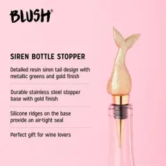 Blush Siren Bottle Stopper, Mermaid Tail Wine Bottle Stopper, Fits Standard Wine Bottles, Wine Preserver, Green, Set of 1, Gold Finish