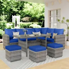 7 Piece Outdoor Patio Furniture Set, Rattan Deck Sectional Conversation Sofa Set with Dining Table, All-Weather 9 Seating Patio Sofa , Porch