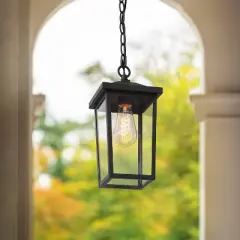 13" Metal/Glass Square Cage Modern Outdoor Pendant Light Black - LNC