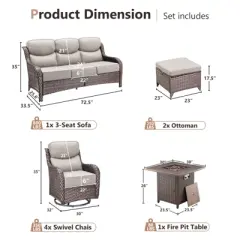 Gymojoy 8 Pieces Outdoor Patio Wicker Sofa Swivel Chair Ottoman with 6 Inch Cushions and Fire Pit Table