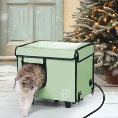 VEVOR Elevated Heated Cat House, Cuboid Kitty Shelter with Adjustable Temperature and Timer, 900D Oxford Cloth Foldable Cat Shelter, Green (Small)