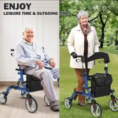 GustoWave Walker for Seniors,Folding Walker and Transport Wheelchair Combo for Seniors,Rollator with Seat, Backrest, Hand Brakes & Footrests