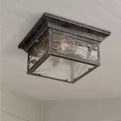 Franklin Iron Works French Garden Rustic Farmhouse Flush Mount Outdoor Ceiling Light Bronze Leaf Vine 11" Clear Seedy Glass for Post Exterior Barn