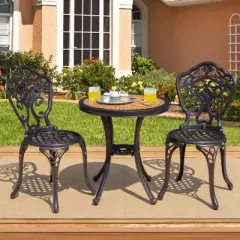 Tangkula 3-Piece Cast Aluminum Bistro Set Outdoor Patio Bistro Table Set Outdoor Round Bistro Table and Chairs for Porch