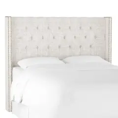 King Louis Diamond Tufted Wingback Headboard Off White Linen with Brass Nail Buttons - Skyline Furniture