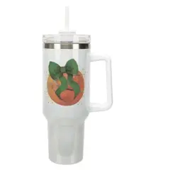 Elanze Designs 40 Ounce Stainless Steel Double Wall Insulated Glitter Travel Tumbler With Handle, Straw, and Lid, Basketball With Green Bows White