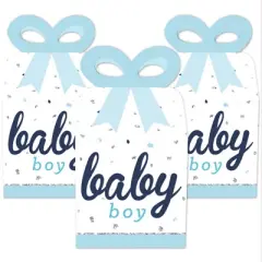 Big Dot of Happiness Hello Little One - Blue and Silver - Square Favor Gift Boxes - Boy Baby Shower Bow Boxes - Set of 12