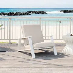 Lyngins Classic Adirondack Outdoor Club Chair with Beige Cushion & Acacia Wood Frame, Patio Lounge Chair/Outdoor Accent Chair for Backyard