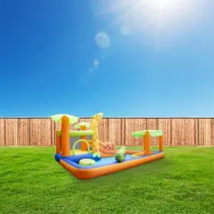 Banzai Safari Splash Water Park Kids Inflatable Water Slide, Splash Pad, Duck Pond, & Bounce House w/ Water Cannon, Giraffe Sprinkler, & Blower Motor