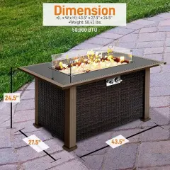 Serenelife SLFPTL Outdoor Backyard Steel Patio Liquid Propane Heated Fire Pit Table with Glass Guard, Tabletop, and Rattan Panels, Black