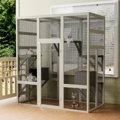 Akoasm 62.6 in. W Large Outdoor Wooden Cat House with 5 Platforms and 2 Resting Boxes-Gray