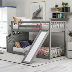 Twin over Twin Bunk Bed with Convertible Slide and Stairway-ModernLuxe