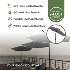 Four Seasons Courtyard 9 Foot Campton Hills Market Umbrella Round Sling Fabric Outdoor Backyard Shaded Canopy with Auto Crank and Tilting, Gray/Brown
