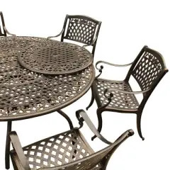 7pc Patio Dining Set with 59" Rose Ornate Traditional Mesh Lattice Aluminum Round Table with Lazy Susan - Bronze - Oakland Living