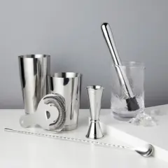 Viski Metallic Cocktail Shaker Set 7pcs Kit | Drink Mixers for Cocktails: Tin on Tin Shaker, Mixing Glass, Hawthorne Strainer, Muddler and Barspoon