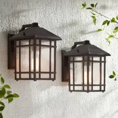Kathy Ireland Sierra Craftsman Mission Outdoor Wall Light Fixtures Set of 2 Rubbed Bronze 11" Seedy Glass for Post Exterior Barn Deck House Porch Yard