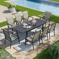 Captiva Designs 9pc Patio Spacious Black Steel Dining Table & High Back Padded Grayish Brown Sling Armrest Chairs