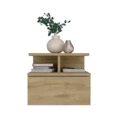 Kumasinova 12" Floating Wood Nightstand with Single Drawer,Wall Mounted Night Stand with 2-Tier Shelf,Space-Saving Bedside Table for Small Spaces