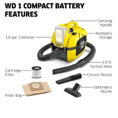 K&auml;rcher WD 1 Compact Battery Cordless Heavy Duty Wet and Dry Car Vacuum Tool Only