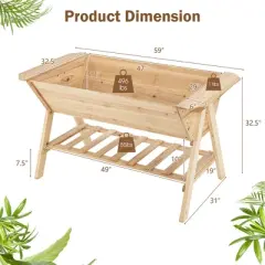 Costway 59'' x 31'' x 32.5'' Raised Garden Bed w/ Shelf Wood Elevated Planter Box w/ Liner