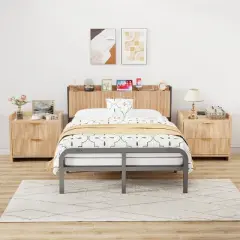 Boersma Twin Size Fluted Headboard with Outlets, Wall Mount Wood Headboard with Storage, Height Adjustable, Storage Rack, Sturdy and Stable