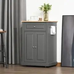 HOMCOM Rolling Kitchen Island Cart, Portable Serving Trolley Table with Drawer, Adjustable Shelf and 2 Towel Racks, Gray