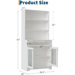 Kitchen Pantry Cabinet 62 Inch Freestanding Hutch Cupboard with Large Countertop Glass Doors Drawer and Adjustable Shelves Microwave Cabinet