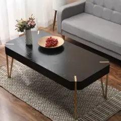 LuxenHome 46" W Black Wood Veneer and Gold Metal Coffee Table.