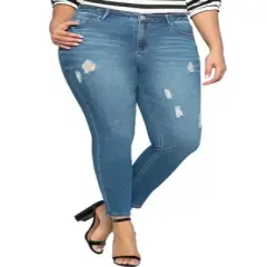 ELOQUII Women&rsquo;s Plus Size Petite Classic Fit Peach Lift Distressed Skinny Jean