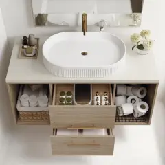 Mshliw 40 Inch Wall Mounted Bathroom Vanity with Oval Ceramic Sink, Floating Solid Wood Cabinet and Open Shelf Storage