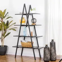 65" 4 Tier Metal and Wooden Leaning Bookcases and Ladder Shelves - Glitzhome