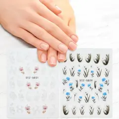 Unique Bargains Self-Adhesive Floral Pattern Nail Art Stickers White Blue 2 Pcs