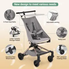 Lightweight Baby Stroller, Compact Travel Stroller with Easy One-Hand Fold, Adjustable Canopy, Storage Basket & All-Terrain Wheels, Light Grey