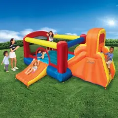 Banzai Double Slide Backyard Bouncer Outdoor Inflatable Slide & Bounce House w/ Climbing Wall, Blower Motor, Ground Stakes, & Storage Bag