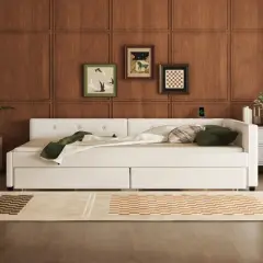 Queen Size Platform Bed, Upholstered Wooden Bed Frame with USB Ports and 2 Drawers, Beige -ModernLuxe
