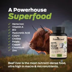 Forest Leaf Grass Fed Beef Liver Capsules, 3000mg Per Serving, Supports Full Immunity & Body Wellness, Freeze Dried Beef Liver Supplement - 180 Caps
