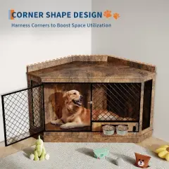 52Inch Corner Dog Crate Furniture with Rotary Feeder, Decorative Dog Crates Dog Cage TV Stand with with Metal Mesh, Heavy Duty Dog Kennel Furniture