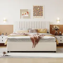 Queen/Full Size Upholstered Platform Bed with Classic Headboard and 4 Drawers-ModernLuxe
