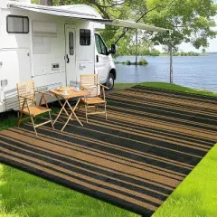 Outside Rug Modern Striped Plastic Straw Rug, Outdoor Reversible Rug, Waterproof UV-Resistant Carpet for Patio, Deck, Backyard